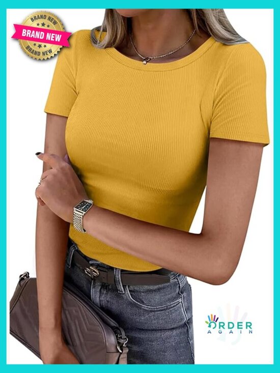 Tops - Short Sleeve Crewneck Ribbed Knit Slim Fitted Tee Basic Summer Top